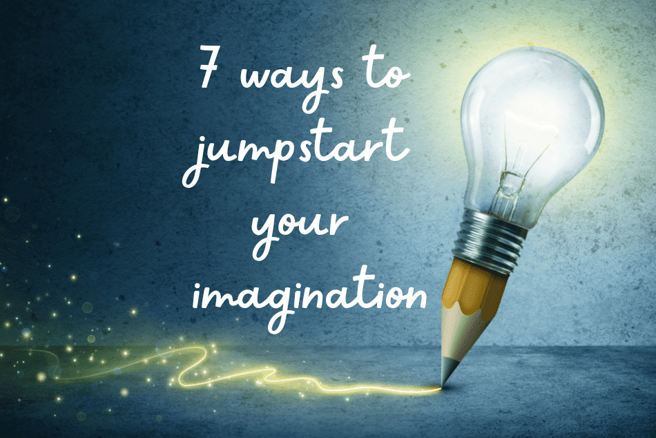 A wooden pencil scribbles light on a concrete surface with a lit filament lightbulb in place of the eraser. Text description: 7 ways to jumpstart your imagination.