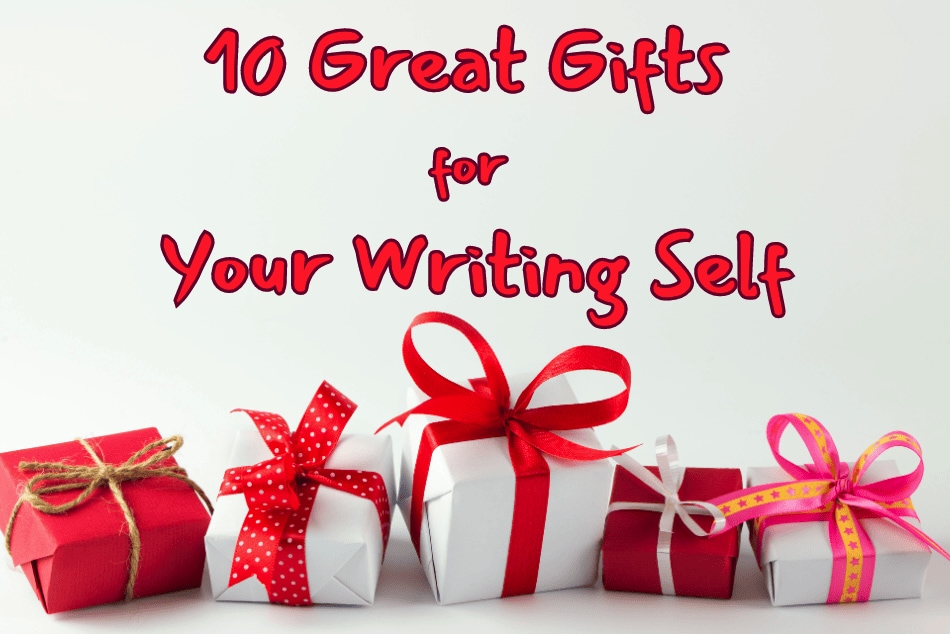 Presents wrapped in white and red with big ribbon bows with text above reading "10 Great Gifts for Your Writing Self."