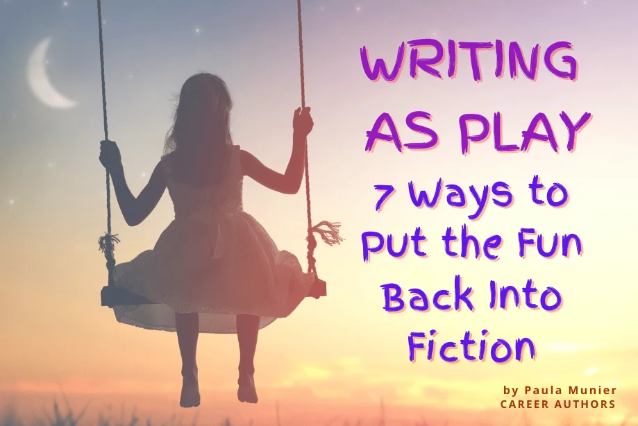 A silhouette of a woman swinging under a dreamy sky with a crescent moon. the image promotes an article titled "writing as play" by paula munier, suggesting seven ways to make fiction writing fun.